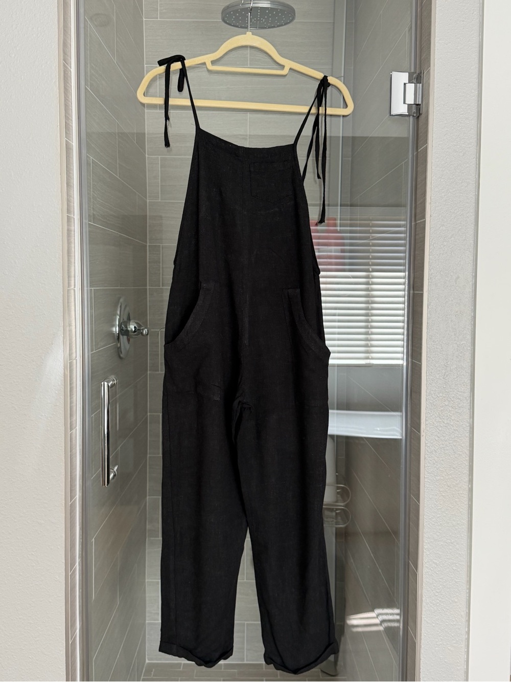 STILLWATER Black Linen Tie-Strap Overalls